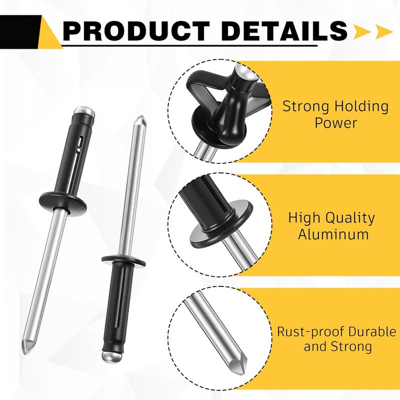 LEIFIDE 200 Pcs 3/16" X 1/2" Trifold Rivets Assortment Aluminum Tri Grip Exploding Pop Rivets Bulb Style for Kayak Marine Boat Buildings Containers(Black) - Image 3